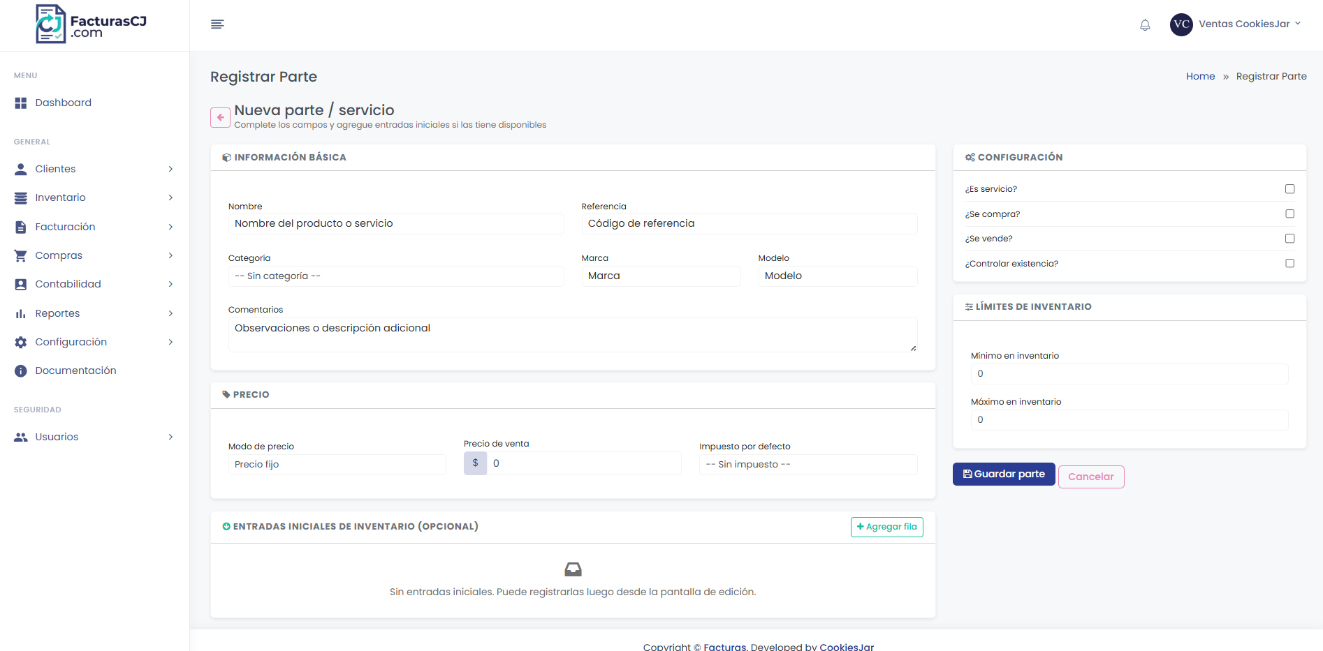 Pantalla de registro de un producto o servicio, con información básica, precio, impuesto por defecto, límites de inventario y entradas iniciales